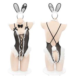 Sexy Set Cute Bunny Girl Cosplay Costumes Womens Underwear Lace Sexy Bodysuit Ruffles Bandage Hollow Rabbit Uniform Lingerie for Sex 18 G240529
