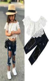 Toddler Kids Baby Girl Clothes Baby Summer Clothing Off Shoulder Lace Tops Ripped Fishnet Patchwork Jeans Pants 2PCS Outfit Y200836089282