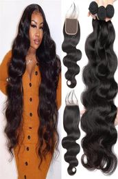 Body Wave Bundles with Closure for Black Women 100 Unprocessed Virgin Brazilian Body Wave Human Hair 3 Bundle and 4X4 Lace C2118764