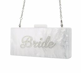 Evening Bags Pearl White With Silver Glitter Name Bride Acrylic Box Clutches Ladies Handbags Fashion Handmade Claps Beach ClutchEv9265739