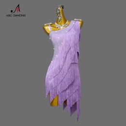 Stage Wear New Purple Adult Women Latin Dance Tassel Competition Dress Sexy Ballroom Show Clothes Come Ladies Evening Wear Bodycon Skirt Y240529
