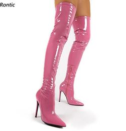 Rontic New Fashion Women Spring Thigh Boots Patent Side Zipper Stiletto Heels Pointed Toe Pretty Pink Party Shoes US Size 5158675826
