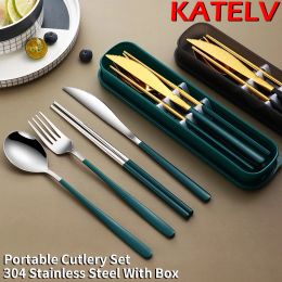 Flatware 304 Tableware Set Portable Cutlery Set Dinnerware Set High Quality Stainless Steel Knife Fork Spoon Travel Flatware With Box