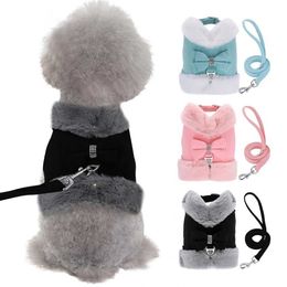 Dog Collars Leashes Puppy Harness and Leash Warm Fur Padded Dogs Cat Vest Harnesses With Matching Lead Rope Bowtie Accessories For Autum Winter H240531