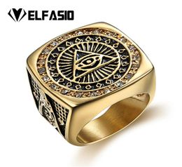 Mens Stainless Steel Gold Ring Illuminati The Allseeingeye illunati pyramideye symbol Hip hop Jewellery Size 8138253131
