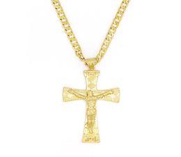 Solid 10k Yellow Gold Filled Jesus wide Cross Charm Big Pendant 5535mm with 24quot Miami Cuban Chain 6005mm3310431