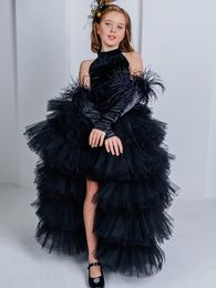 2024 black feather girl Peageant Dresses Ball Gown Tulle Tiers Pearls Beaded Luxurious Little Girl Christmas Birthday party Christening Tutu toddler Dress Gowns