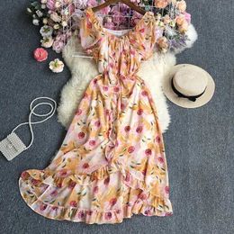Basic Casual Dresses YuooMuoo Romantic Floral Print Chiffon Women Dress Spring Summer Vacation Split Long Summer Dress Lady Party Outfits Y240504
