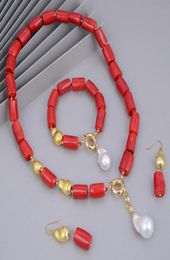 GuaiGuai Jewellery Natural White Baroque Pearl Red Corals Gold Colour Plated Brushed Beads Necklace Bracelet Earrings Sets For Women5092167