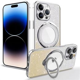 Glitter Transparent Ring Holder Phone Cases 15plus 14 13 12 11 Pro Max Wireless Charge Magnetic Camera Soft Plating bling Cover s23 s22