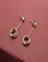 Exquisite Fashion Lady Titanium steel Tassels Single Diamond Three Colour Circles Rings 18k Gold Plated Engagement Dangle Earrings1859851