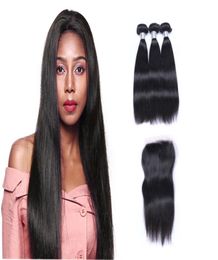 Brazilian Straight Hair Weaves 3 Bundles with Closure Middle 3 Part Double Weft Human Hair Extensions Dyeable 100gpc2186465