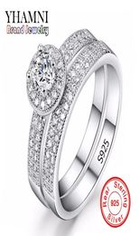 YHAMNI Original Pure Silver Engagement Rings Set Round WhiteBlue CZ Diamond Wedding Rings Set for Women KENR0425506725