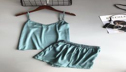 Ice Silk Twinset Sleepwears Korean Solid Colour Women Pyjamas Camisole Pyjama Set Woman Summer Vest Shorts Suit1756333