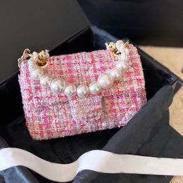 Women coc Pearl handle Handbag Luxury Designer tweed beads tote black pink classic diagonal stripes quilted chains flap Shoulder bag purse
