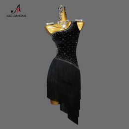Sahne Giyin Yeni Siyah Latin Dans Profesyonel Fringe Elbise Kadınlar İçin Velvet Bodycon Etek Balo Salonu Giysileri Kabare Giyim Özelleştirme Cha Y240529