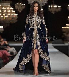 New Moroccan Caftan Evening Dresses Long Sleeve Lace Appliques Muslim Arabic Formal Prom Dress 2020 Velvet High Low Dubai Abaya Ev5475539