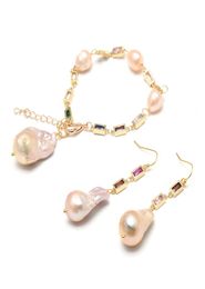 GuaiGuai Jewellery Natural Cultured Pink Keshi Pearl Mixed Colour CZ Pave Chain Dangle Hook Earrings Bracelet Sets Classic For Women4880672