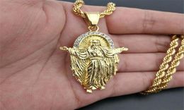 Pendant Necklaces Hip Hop Iced Out Jesus Cross With Rope Chain Gold Colour Stainless Steel Rhinestone Jewelry8377226