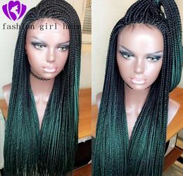 Afro America ombre green Box Braided Wigs Natural Hairline two Tone Color Long natural Synthetic Lace Front Wigs with baby hair2345991