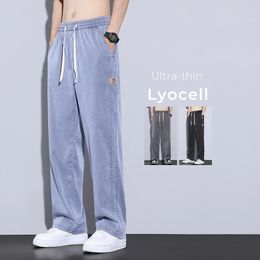 Summer Thin Soft Lyocell Fabric Jeans Men Baggy Straight Wide Leg Pants Drawstring Elastic Waist Casual Trousers Plus Size 240601