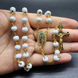 6MM White Wooden Rosary Necklace For Women Crucifix Cross INRI Pendant Long Chain Necklace Men Religious Catholic Prayer Jewelry