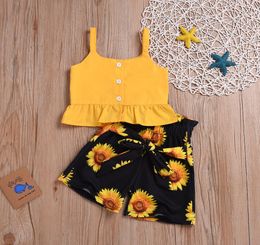 Kids Girls Summer Clothes Sets Sleeveless Button Tops with Bowknot Belt Shorts 2pcs Suit Baby Girl Clothes7789529