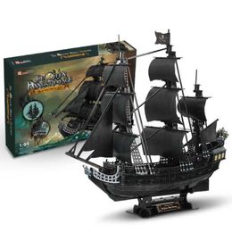 3D Puzzles 3D DIY Puzzle Big Black Pearl Pirate Ship Cardboard Annie Sailboat Architectural Toys Adult and Children G240529