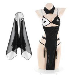 Sexy Set Sexy Lingerie Nun Uniform Passion Witch Costumes Adult Women Cosplay Dress with Black Veil Anime Halloween Party Maid Outfit G240529