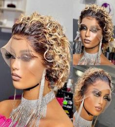 Honey Blonde Brazilian Human Hair Pixie Cut Wigs Short Bob 13X1 Pre Plucked 1b27 Ombre Curly Bob8502566