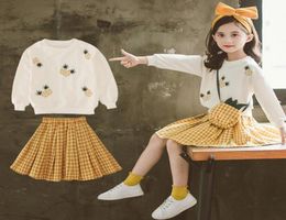 Autumn Kids Girls Clothes Set Pineapple Pattern Sweater Plaid Ball Gown Dress 2pcs Long Sleeve Clothing Sets1205337