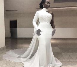 2019 African White High Neck Satin Mermaid Evening Dresses One Shoulder Ruched Sweep Train Formal Party Red Carpet Prom Gowns2639206