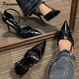Sandals Famous Brand Retro Rivet Womens Pump Elegant Dot Toe Cross Strap Thin High Heels Fashion Summer Office Womens Shoes J240530