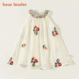 Girl's Dresses Bear Leader Sequin Floral Collar Princess Dress Summer Flower Embroidered Girls Clothes Round Neck Solid Colour Kids Costume Y240529