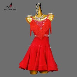 Scen Wear Red Latin Dance Fringe Dress Adult Womens Party Suit Professional Sport Competition kort kjol Performance Girl Size Anpassning Y240529