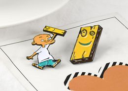 Anime Cartoon character Small bald head Funny expression wooden block Enamel brooch Cool boy personality Yellow badge Denim pin8180540