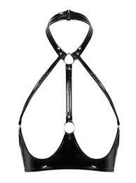 Bras Women Sexy Erotic Open Cup Bra Top Wet Look Patent Leather Halter Neck Hollow Out Breast Female Gothic Harness Bondage Linger7883610