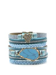 Light Yellow Gold Colour Irregular Shape Blue Turquoises Stone Connect Leather Bracelet For Women Jewellery Link Chain5408681