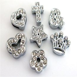 Wholesale 100pcs lot clear full rhinestone zinc alloy 10mm slider Charms DIY Accessories Fit Pet Collar wristband keychain Heart Crown 293E
