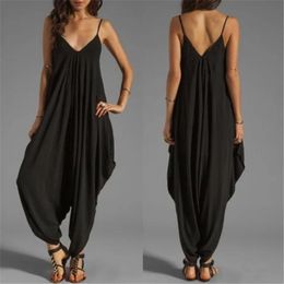 Women Casual Sleeveless Jumpsuits Summer Deep VNeck Onepiece Solid Long Rompers Plus Size Loose Pants Playsuits 240527