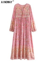 Vintage Chic Women Neck Tie Ethnic Floral Print Beach Bohemian Maxi Dresses Ladies Tassel Boho Pleated Dress Vestidos 240601