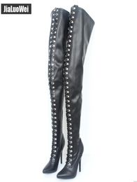 Fetish Lace Up Crotch Boots Women Matt PU High Heeled Over Knee Thigh Boots BDSM Man Pointed toe Dance Shoes5371078