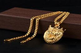 Micro Lion King Crown Pendant Necklace 5mm 70cm Cuba Chain Necklace Gold Plated Stainless Steel Mens Hip Hop Jewelry8680152
