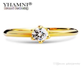 YHAMNI Real Pure 925 Sterling Silver Wedding Rings Gold Colour Cubic Zirconia Solitaire Band Engagement Rings For Women XJR040180532774487