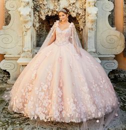 Pretty Princesa 3D Flowers Pearl Detachable Cape Watteau Blush Pink Mexicano Sweet 16 Quinceanera Dress Ball Gown 2021 Spring New 2280123