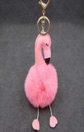 Keychains Simulation Rex Fur Pink Flamingo Key Chain - Beach Bag Purse Charm Gold Ring y Ball Fashion Gift6814635
