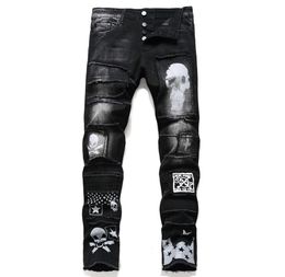 New Men039s Black Skull Stars Printed Jeans Jeans Streatwear Button