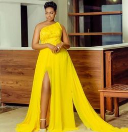 African Yellow Prom Dresses Long One Shoulder Aline High Split Mermaid Evening Gowns With Appliques Chiffon Beads Formal Party Dr7458617