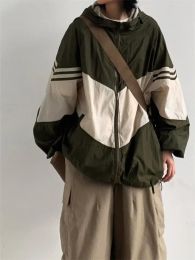 QWEEK Gorpcore Vintage Hooded Jacket Women Japanese Style Quick Dry Green Outerwear Oversized Harajuku Retro Patchwork Brown