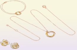 Europe America Fashion Necklace Bracelet Earrings Lady Women Brass Engraved Letter Settings Pink Diamond Three Circles Pendant 18K1477775